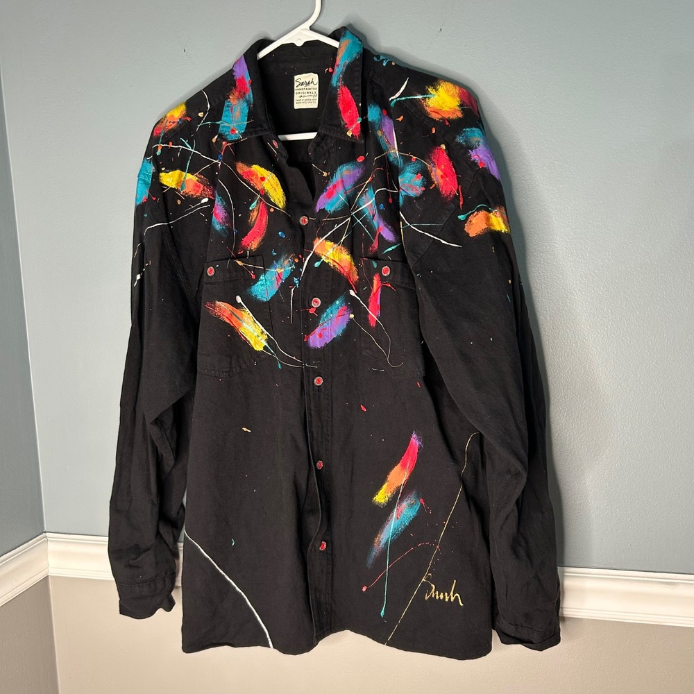 Sarah Handpainted Originals Black Multi Color Abstract Paint Button Down Shirt M